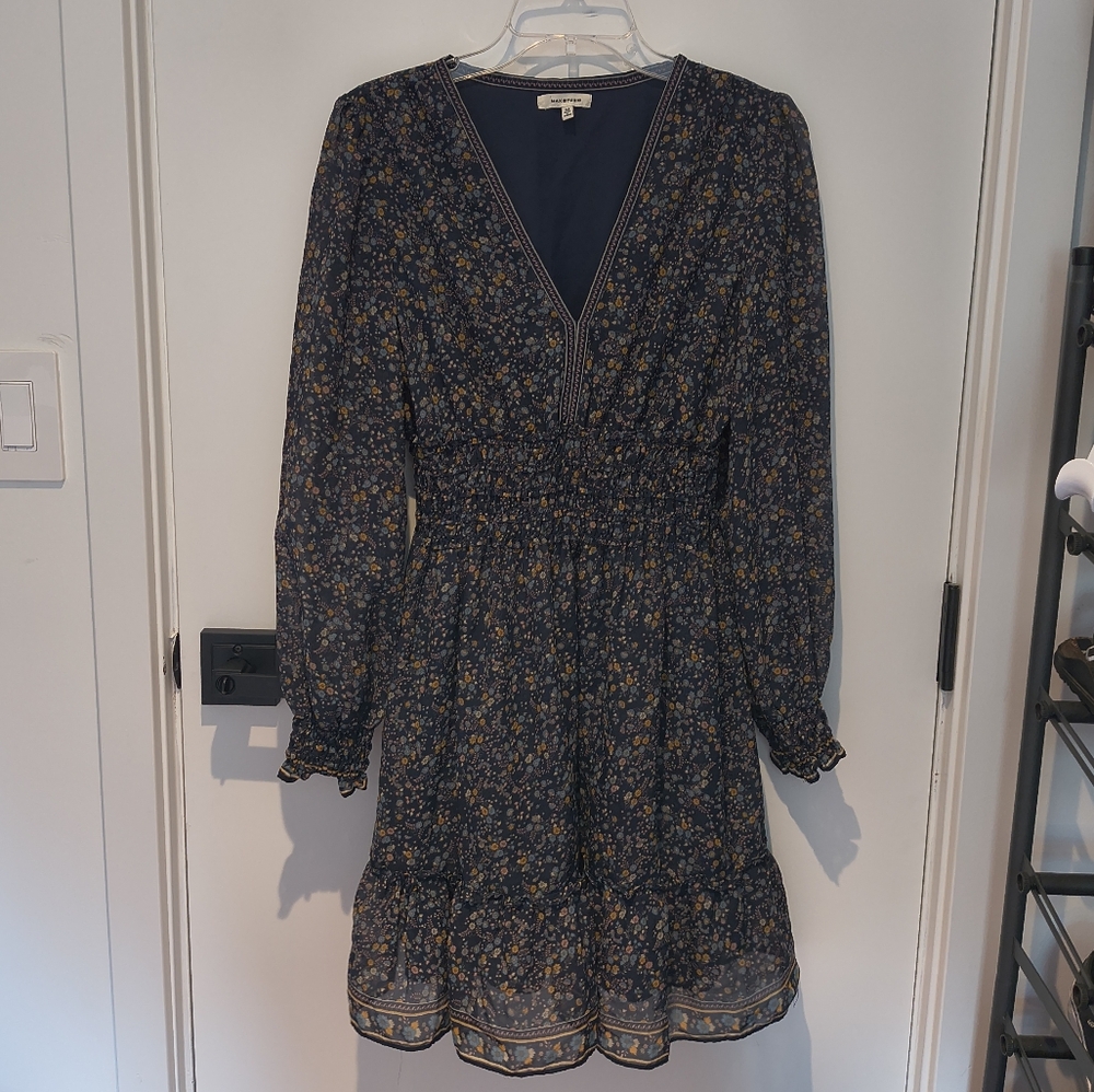 Max Studio Dark Blue Floral Long Sleeve Dress